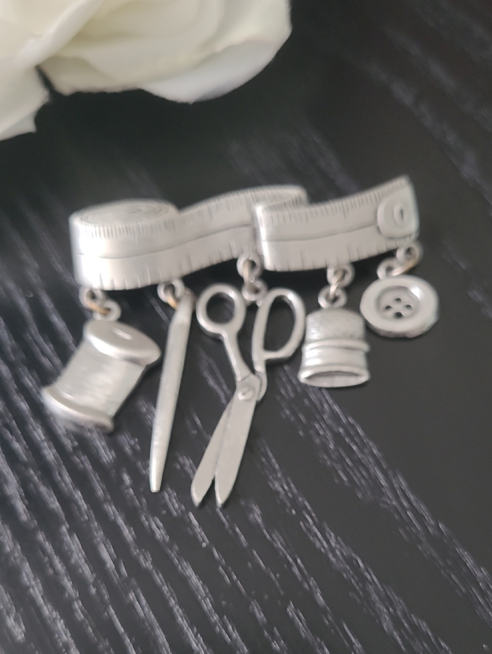 JJ Signed Silver Sewing Tools Charm Brooch - Silver Sewing-Themed Pin